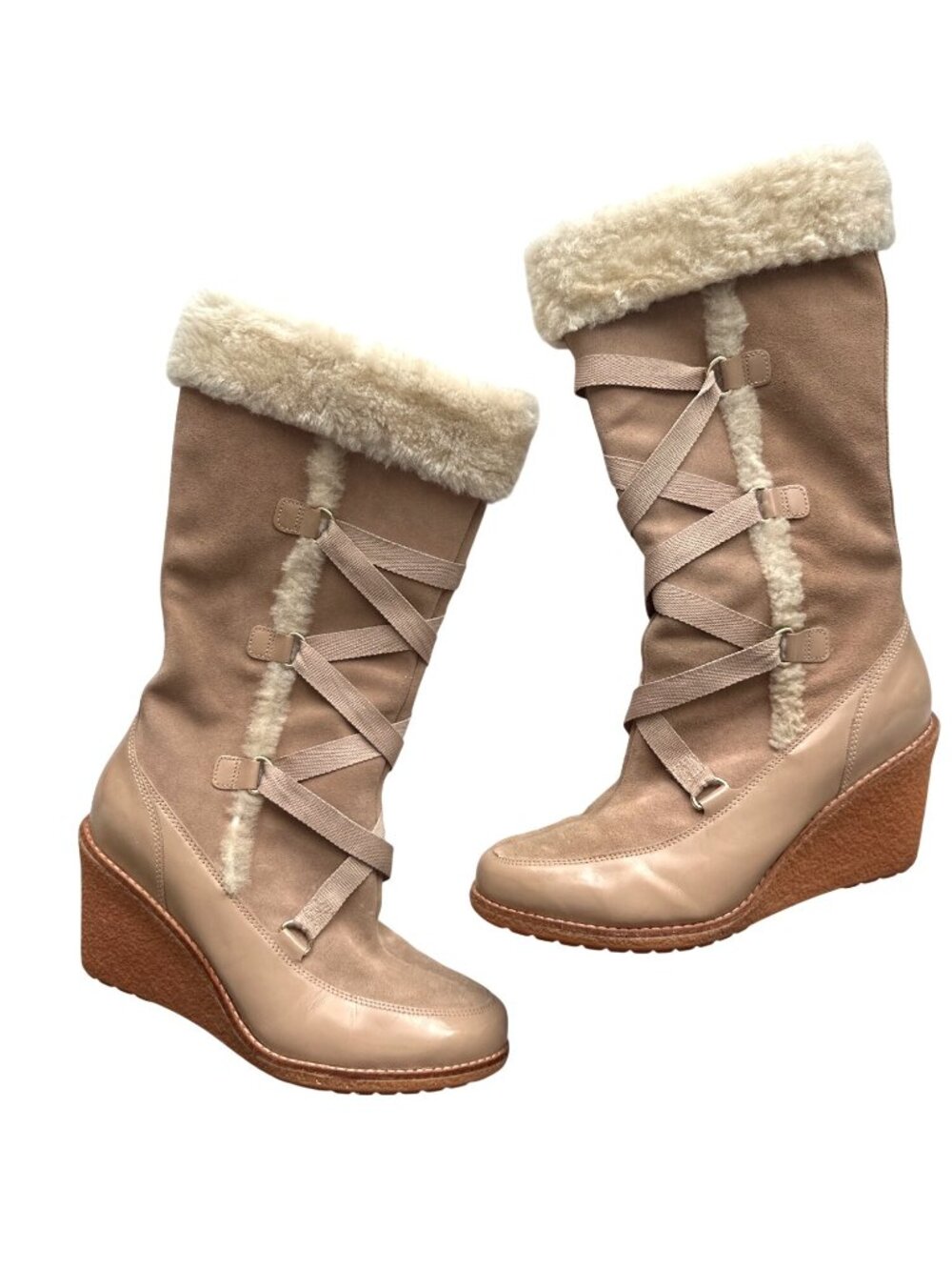 Nike Air Cole Haan Suede Winter Boots Beige Lined Side Zip Lace Front Size 9.5
